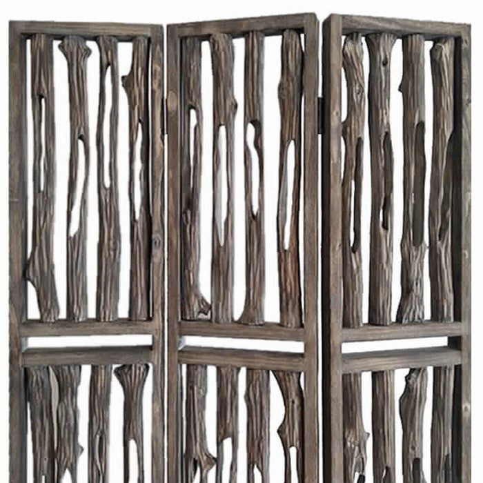 Contemporary 3 Panel Wooden Screen with Log Design, Brown