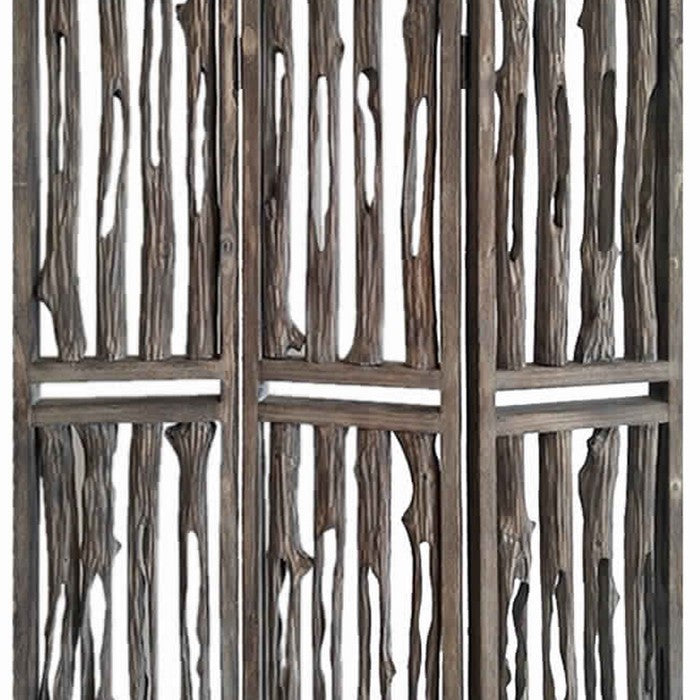 Contemporary 3 Panel Wooden Screen with Log Design, Brown