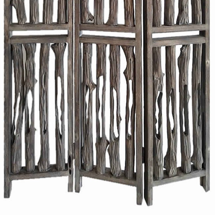 Contemporary 3 Panel Wooden Screen with Log Design, Brown
