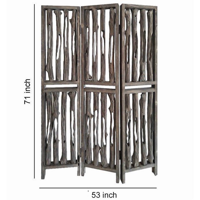 Contemporary 3 Panel Wooden Screen with Log Design, Brown