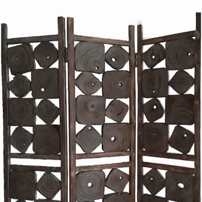 Contemporary 3 Panel Wooden Screen with Square Log Cut Inset, Brown