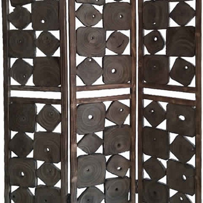 Contemporary 3 Panel Wooden Screen with Square Log Cut Inset, Brown