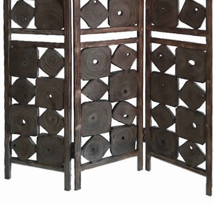 Contemporary 3 Panel Wooden Screen with Square Log Cut Inset, Brown