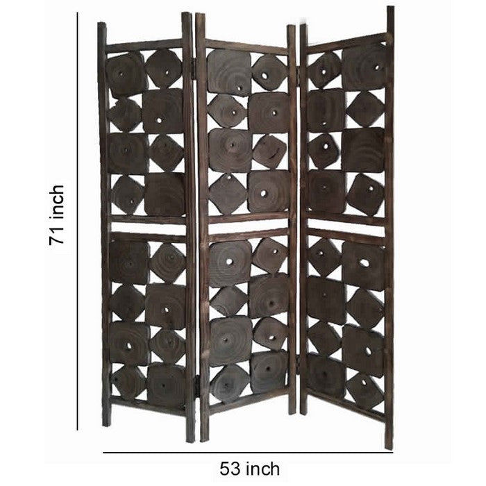 Contemporary 3 Panel Wooden Screen with Square Log Cut Inset, Brown