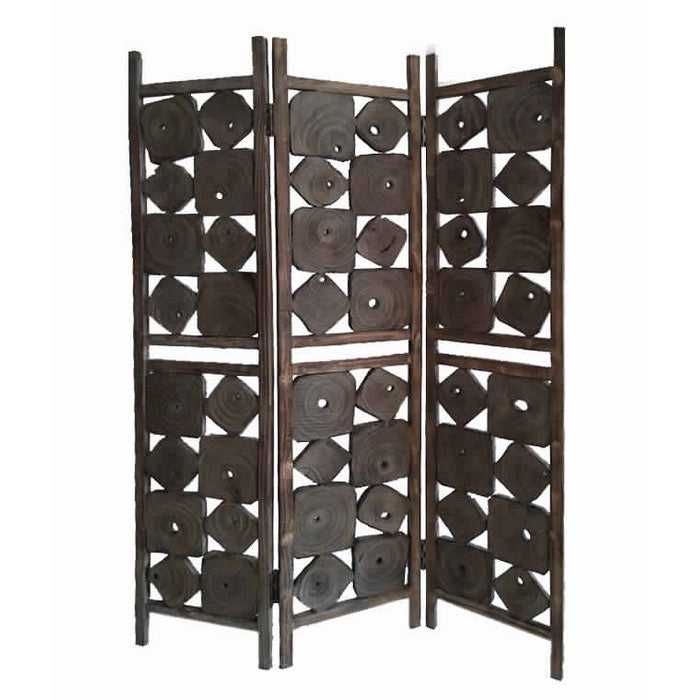 Contemporary 3 Panel Wooden Screen with Square Log Cut Inset, Brown