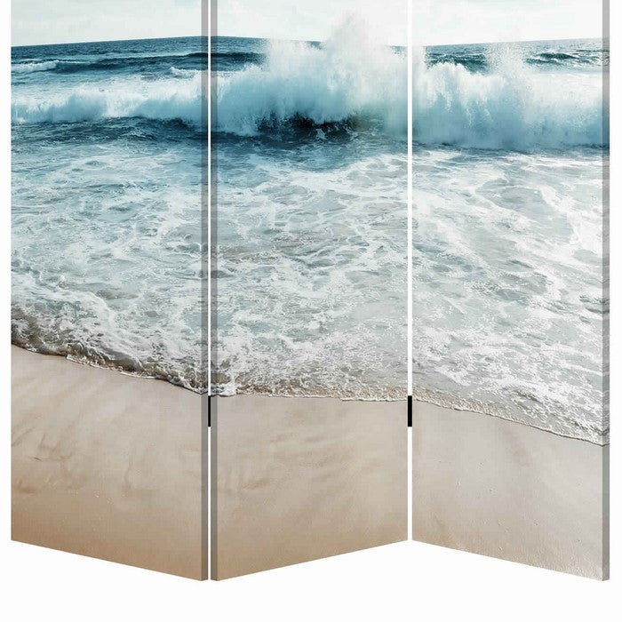 Foldable Canvas Screen with Ocean Shore Print and 3 Panels, Multicolor