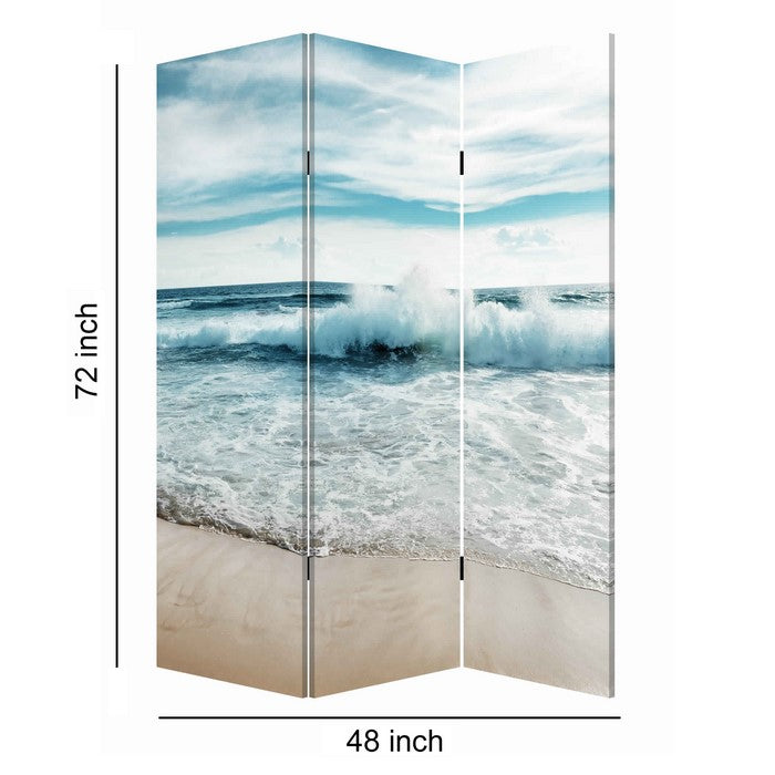 Foldable Canvas Screen with Ocean Shore Print and 3 Panels, Multicolor