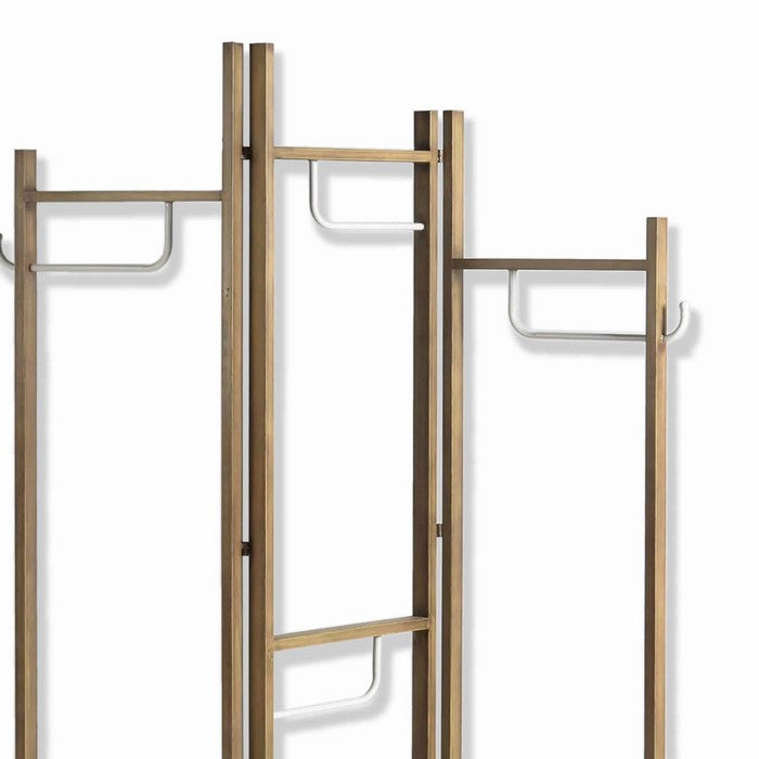 Modern Style 3 Panel Metal Screen with Hooks and Rod Hangings, Brown