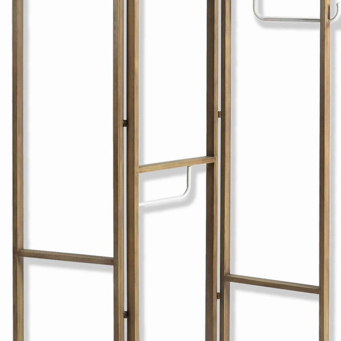 Modern Style 3 Panel Metal Screen with Hooks and Rod Hangings, Brown