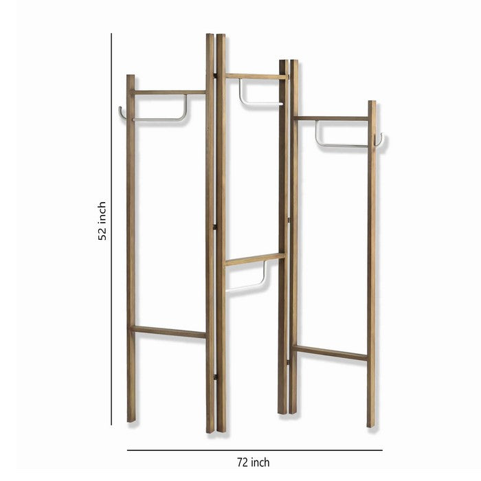 Modern Style 3 Panel Metal Screen with Hooks and Rod Hangings, Brown