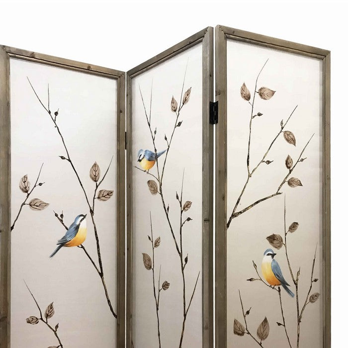 Art Styled 3 Panel Wooden Screen with Hand painted Fabric Design, Beige