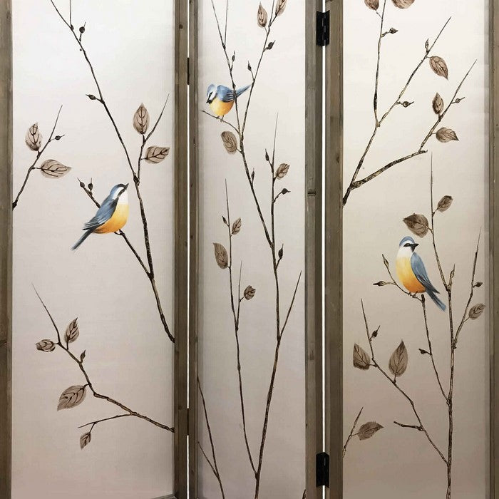 Art Styled 3 Panel Wooden Screen with Hand painted Fabric Design, Beige