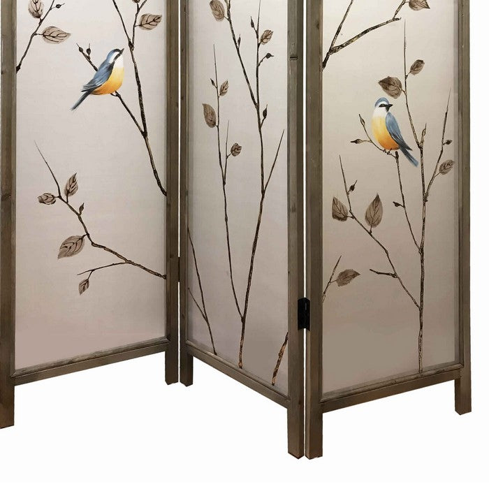 Art Styled 3 Panel Wooden Screen with Hand painted Fabric Design, Beige