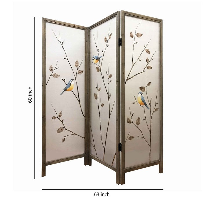 Art Styled 3 Panel Wooden Screen with Hand painted Fabric Design, Beige
