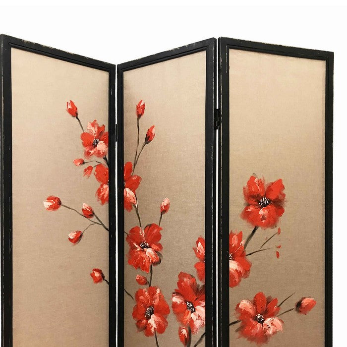 3 Panel Wooden Screen with Hand painted Fabric Design, Red and Brown