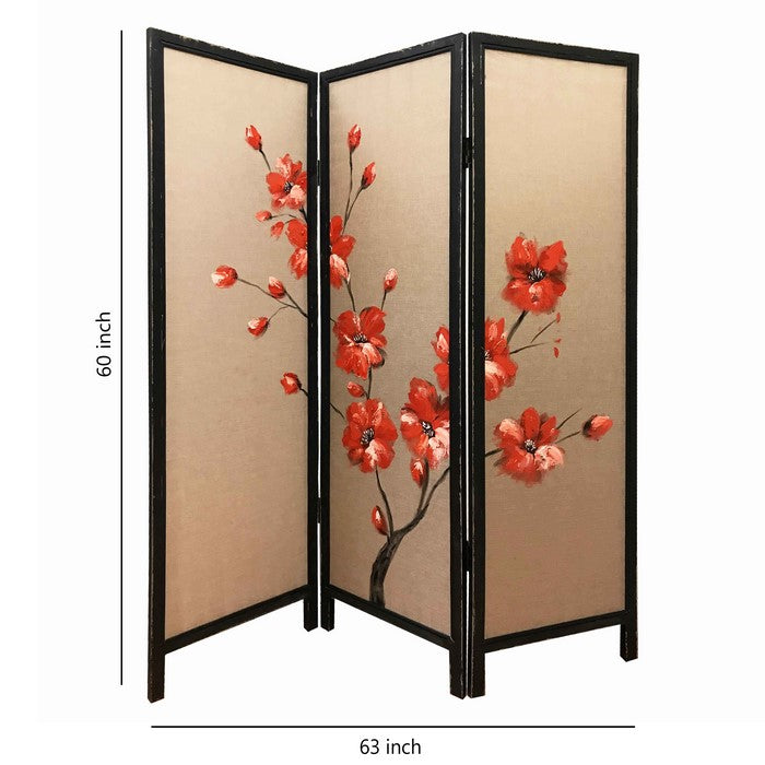 3 Panel Wooden Screen with Hand painted Fabric Design, Red and Brown