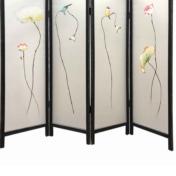 4 Panel Wooden Screen with Hand painted Fabric Design, Brown & Beige