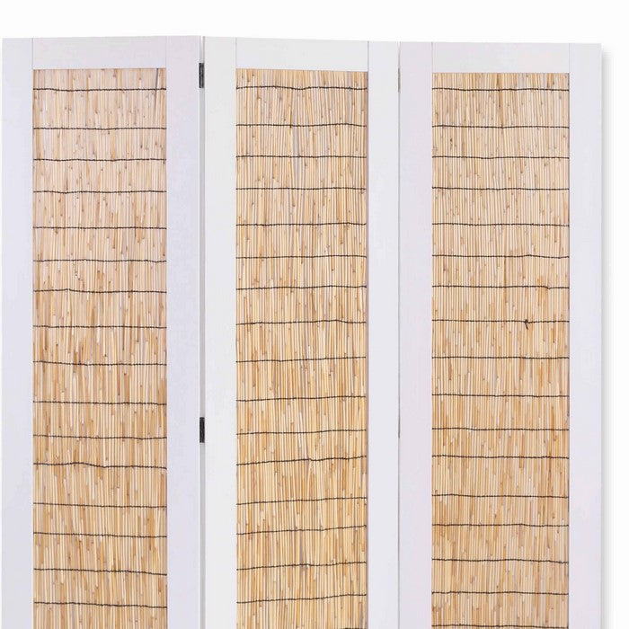 Transitional 3 Panel Wooden Screen with Wicker Paneling, White and Brown