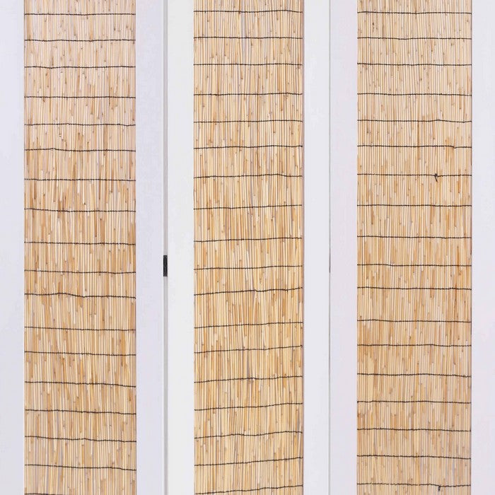Transitional 3 Panel Wooden Screen with Wicker Paneling, White and Brown