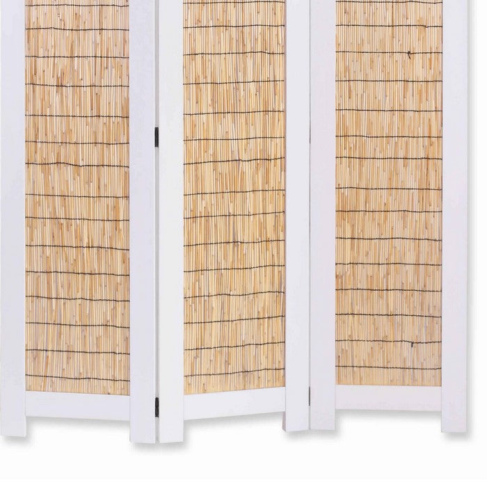 Transitional 3 Panel Wooden Screen with Wicker Paneling, White and Brown