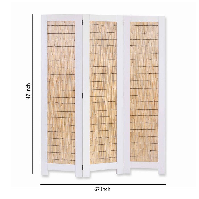Transitional 3 Panel Wooden Screen with Wicker Paneling, White and Brown
