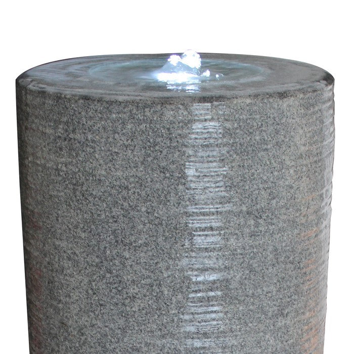 Ribbed Cylindrical Water Fountain with Round Pebble Base, Gray