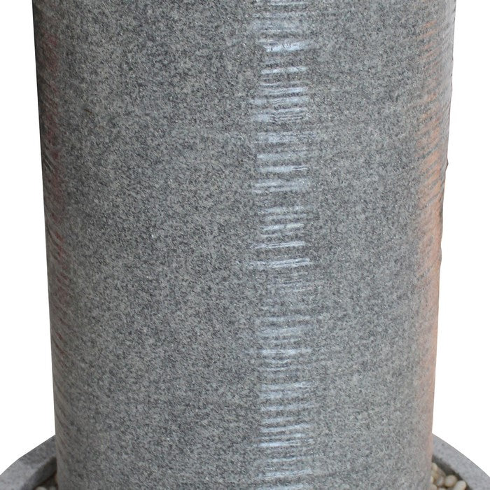 Ribbed Cylindrical Water Fountain with Round Pebble Base, Gray