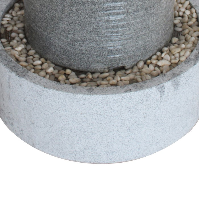 Ribbed Cylindrical Water Fountain with Round Pebble Base, Gray