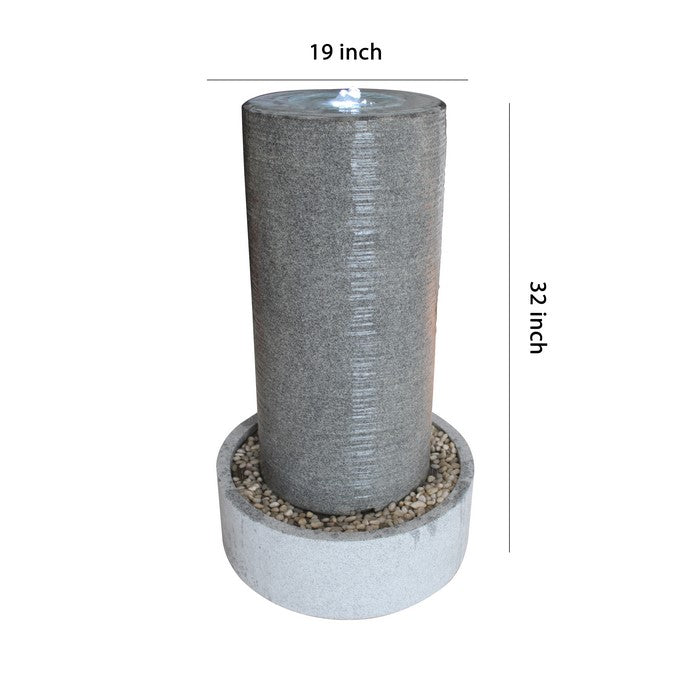 Ribbed Cylindrical Water Fountain with Round Pebble Base, Gray