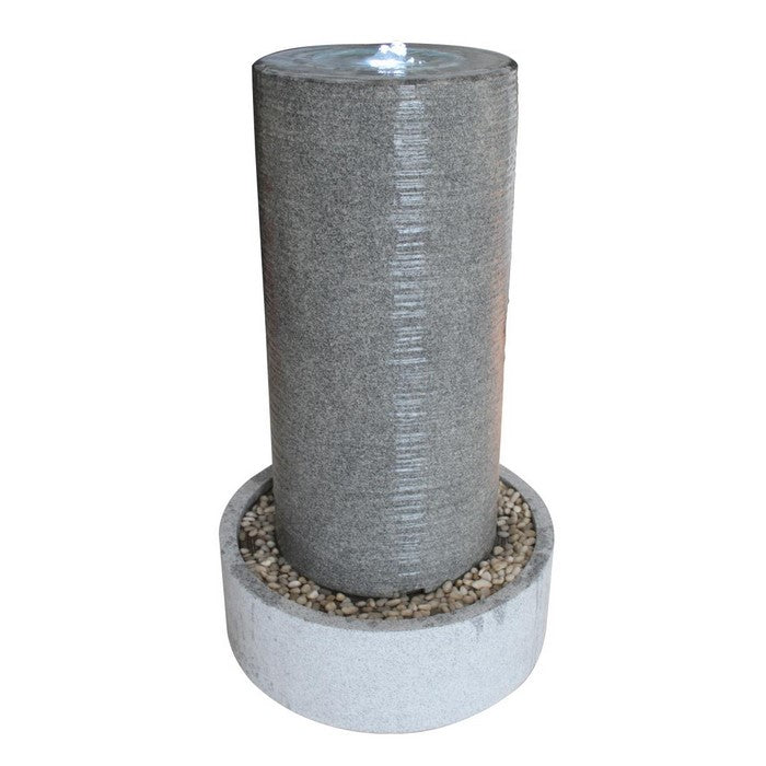 Ribbed Cylindrical Water Fountain with Round Pebble Base, Gray