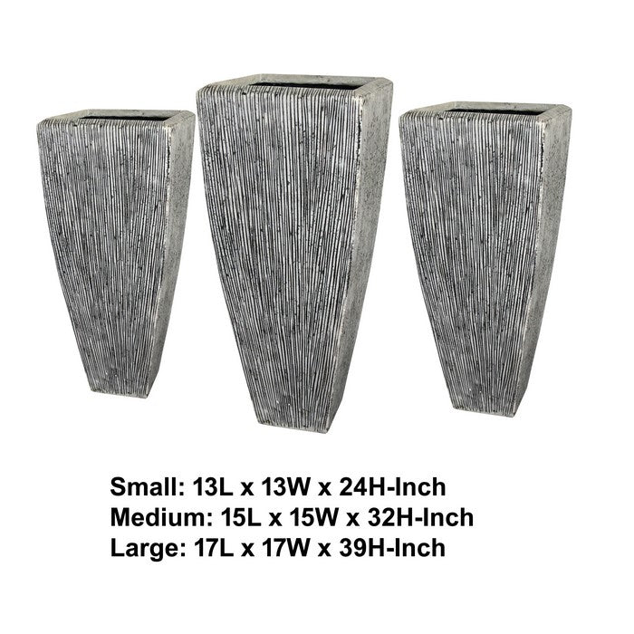 Hand Made Square Ribbed Planter with Tapered Bottom, White, Set of 3
