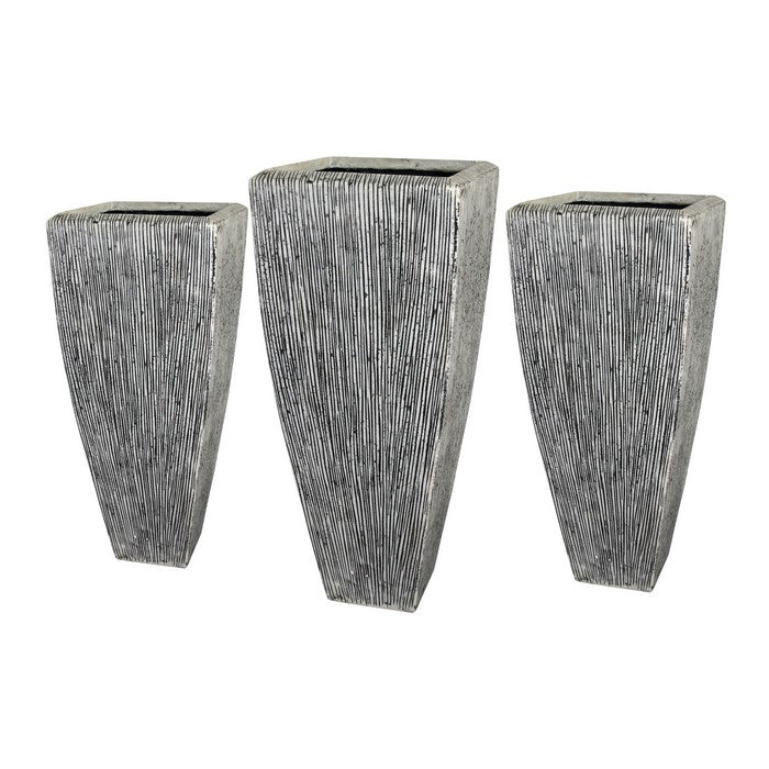 Hand Made Square Ribbed Planter with Tapered Bottom, White, Set of 3