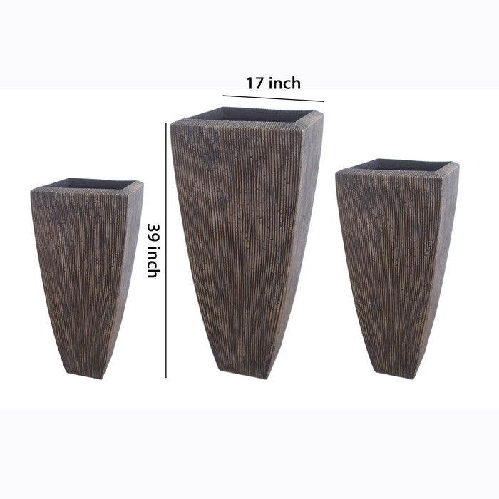 Hand Made Square Ribbed Planter with Tapered Bottom, Brown, Set of 3