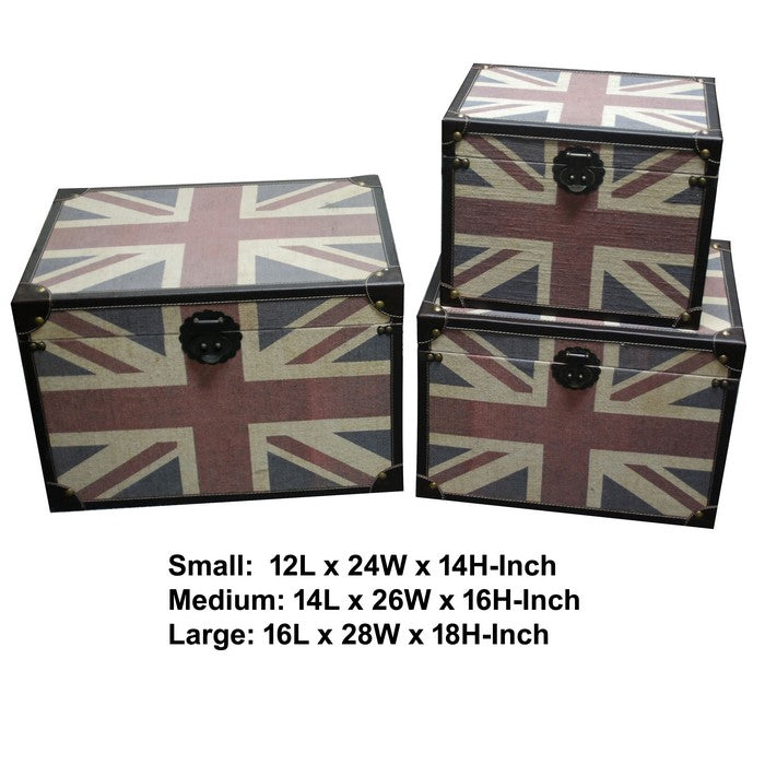 Storage Trunk with Union Jack Print Canvas Upholstery, Multicolor, Set of 3
