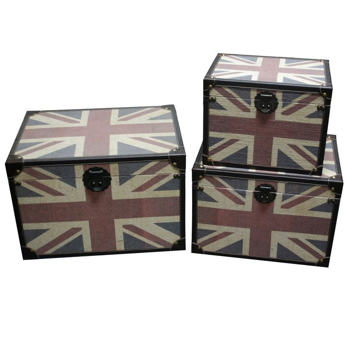 Storage Trunk with Union Jack Print Canvas Upholstery, Multicolor, Set of 3
