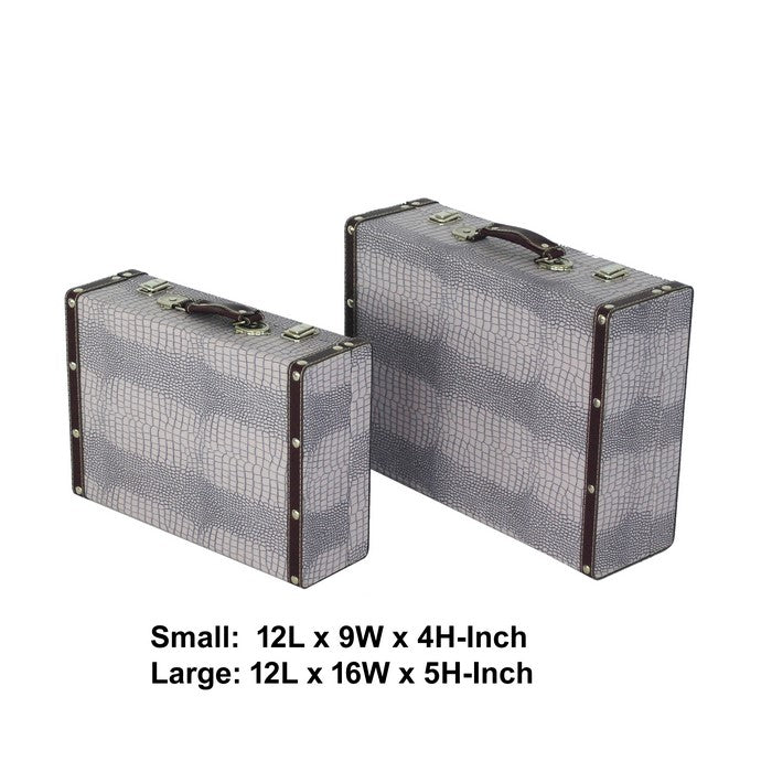Trunk Style Suitcase with Textured Print Canvas Covering, Gray, Set of 2
