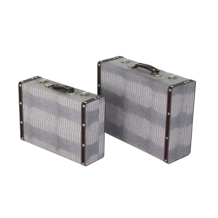 Trunk Style Suitcase with Textured Print Canvas Covering, Gray, Set of 2
