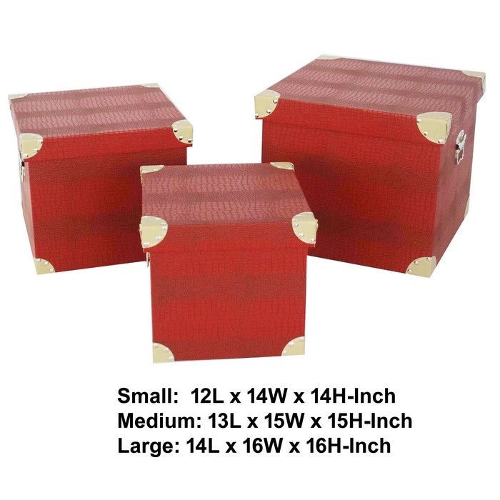 Storage Trunk with Textured Canvas Upholstery, Red and Gold, Set of 3