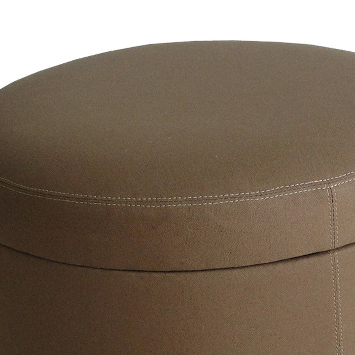 Fabric Upholstered Round Ottoman with Double Stitch Details, Brown