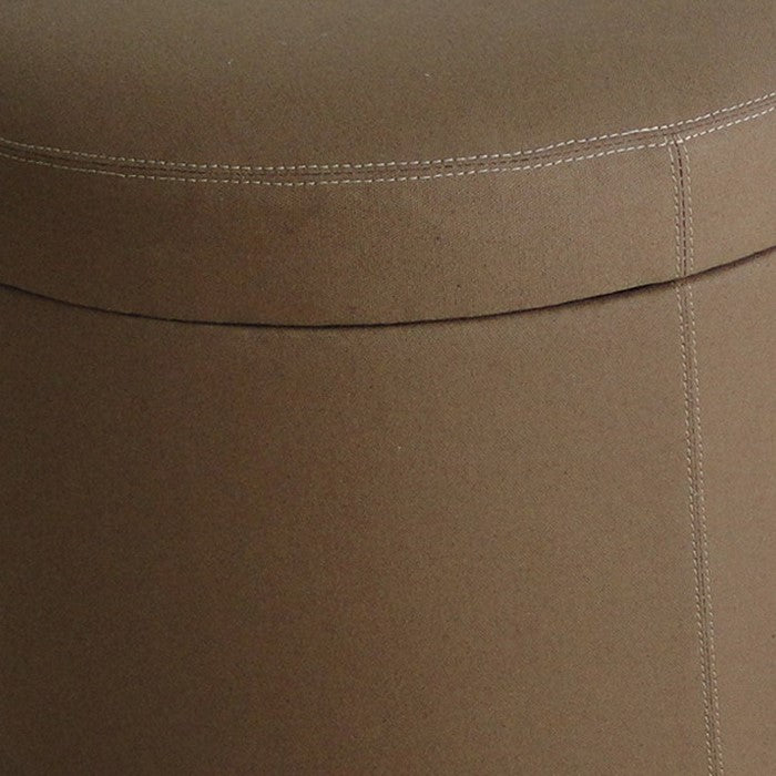 Fabric Upholstered Round Ottoman with Double Stitch Details, Brown
