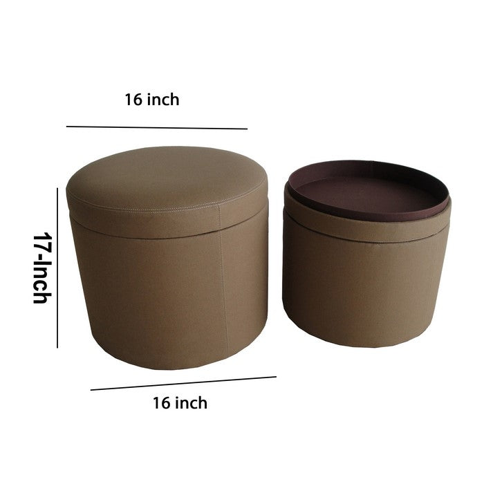 Fabric Upholstered Round Ottoman with Double Stitch Details, Brown