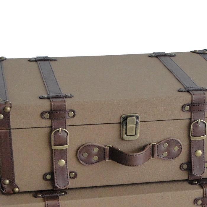 Fabric Upholstered Suitcase with Faux Leather Straps, Brown, Set of 2