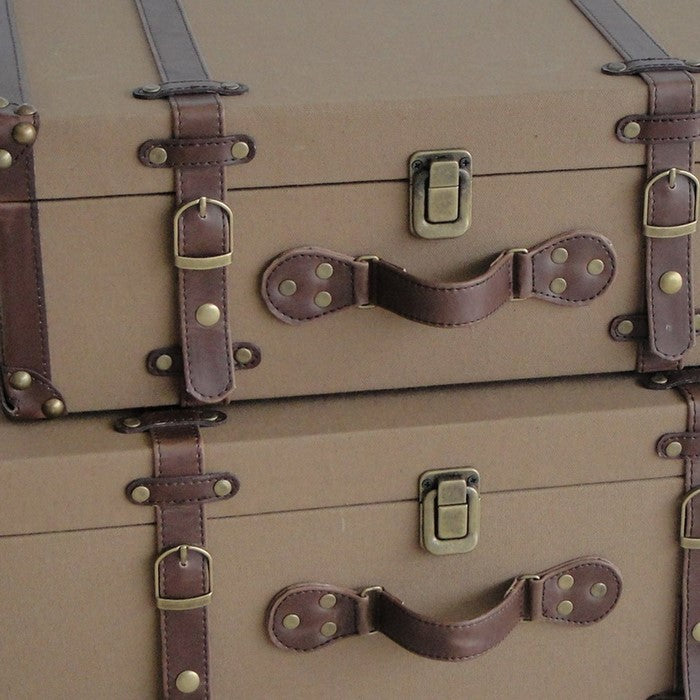 Fabric Upholstered Suitcase with Faux Leather Straps, Brown, Set of 2