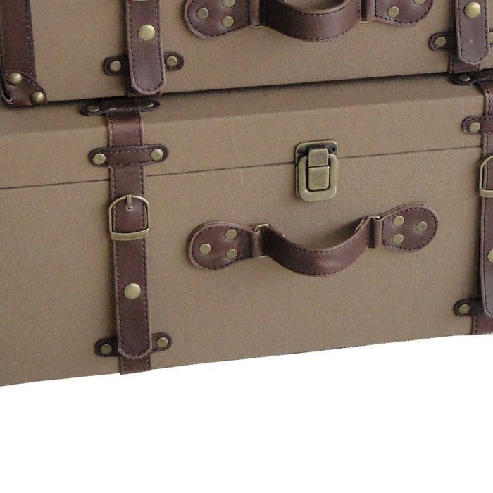 Fabric Upholstered Suitcase with Faux Leather Straps, Brown, Set of 2