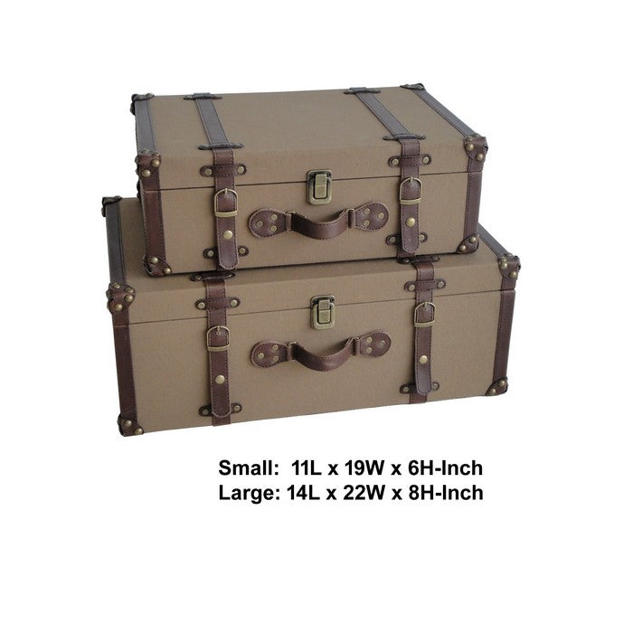 Fabric Upholstered Suitcase with Faux Leather Straps, Brown, Set of 2