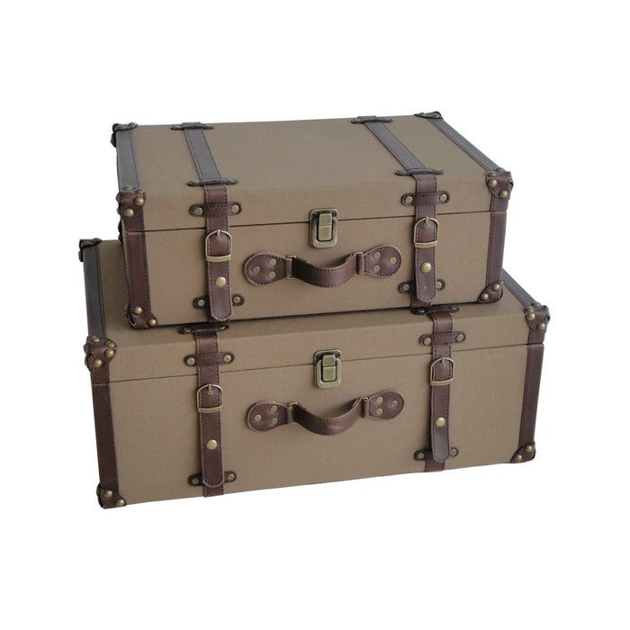 Fabric Upholstered Suitcase with Faux Leather Straps, Brown, Set of 2