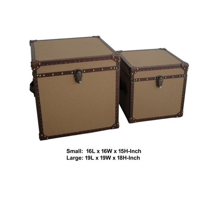 Fabric Upholstered Square Trunk with Nailhead Details, Brown, Set of 2