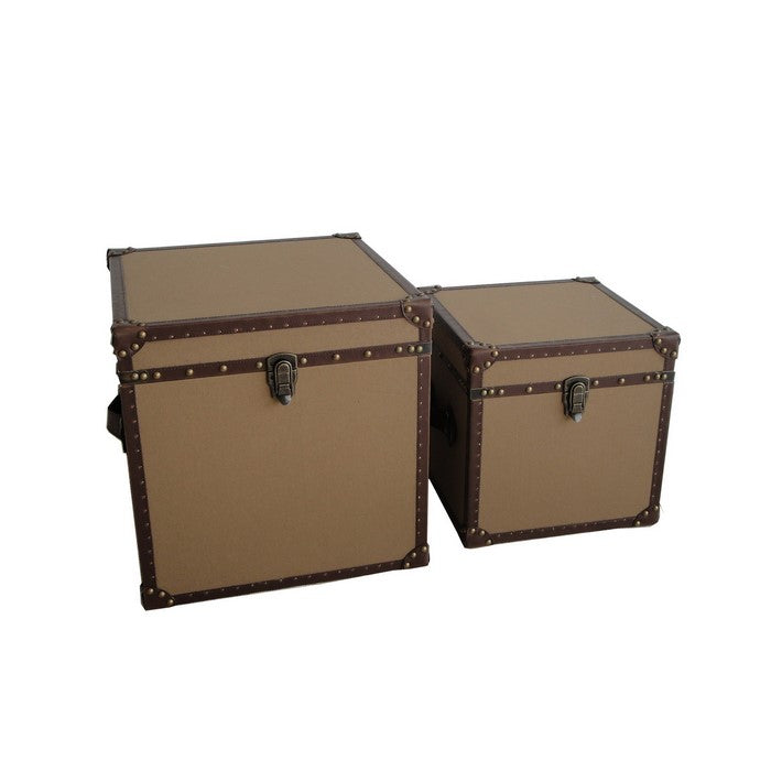 Fabric Upholstered Square Trunk with Nailhead Details, Brown, Set of 2