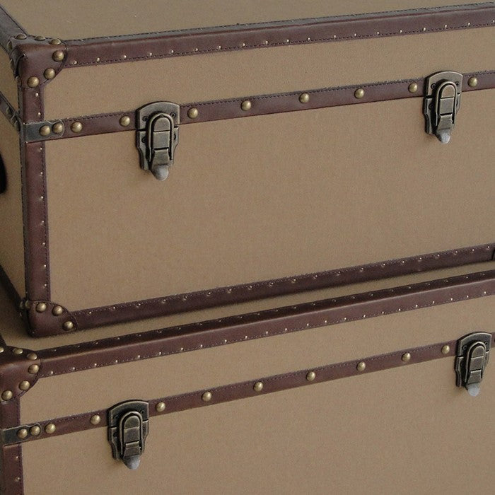 Fabric Upholstered Rectangular Trunk with Nailhead Details, Brown, Set of 2