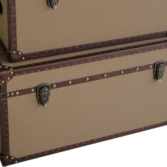 Fabric Upholstered Rectangular Trunk with Nailhead Details, Brown, Set of 2